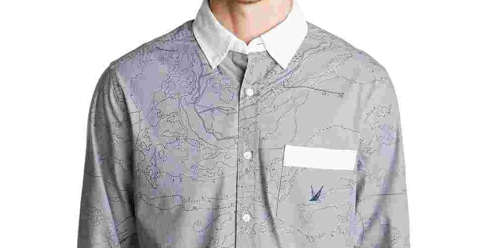 Camisa casual masculina com estampa de mapa Oxford Nautica, cinza, tamanho XX-G