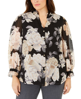 Blusa Calvin Klein Feminina com Babados, Cinza Escuro, Tamanho 3X