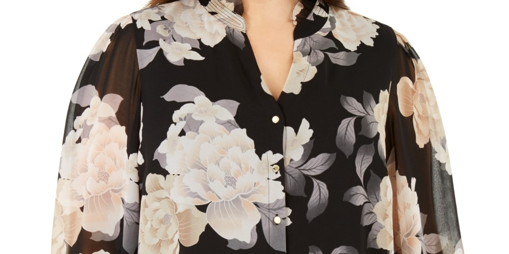 Blusa Calvin Klein Feminina com Babados, Cinza Escuro, Tamanho 3X