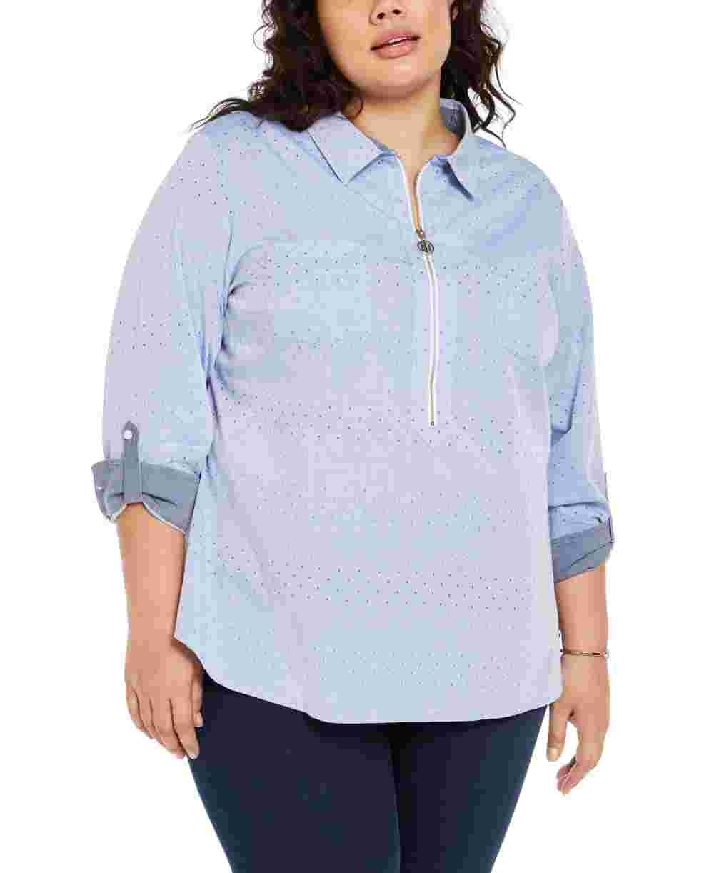 Camisa de algodão plus size Tommy Hilfiger feminina com zíper frontal, azul, tamanho 2X