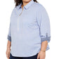 Camisa de algodão plus size Tommy Hilfiger feminina com zíper frontal, azul, tamanho 2X