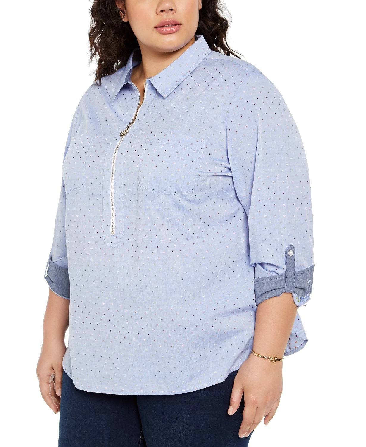 Camisa de algodão plus size Tommy Hilfiger feminina com zíper frontal, azul, tamanho 2X