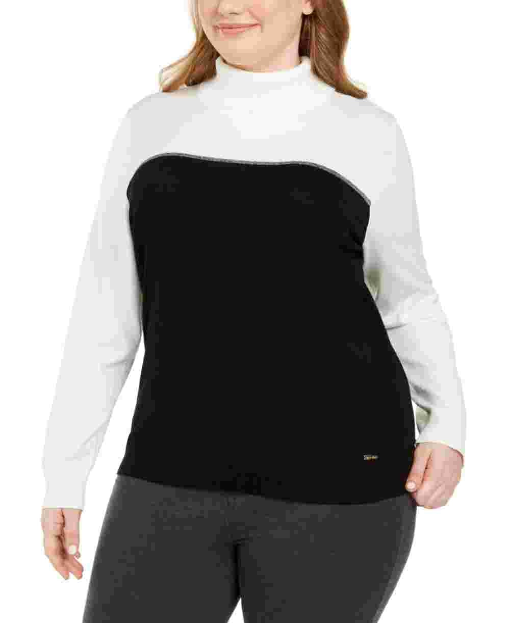 Calvin Klein Suéter Feminino Plus Size Colorblock Gola Alta Branco Tamanho 1X