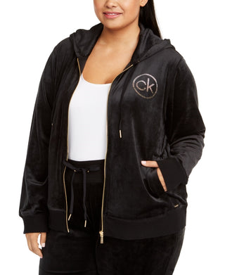 Calvin Klein Moletom com capuz feminino plus size com logo e contas em veludo, preto, tamanho 1X
