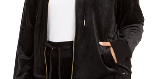 Calvin Klein Moletom com capuz feminino plus size com logo e contas em veludo, preto, tamanho 1X