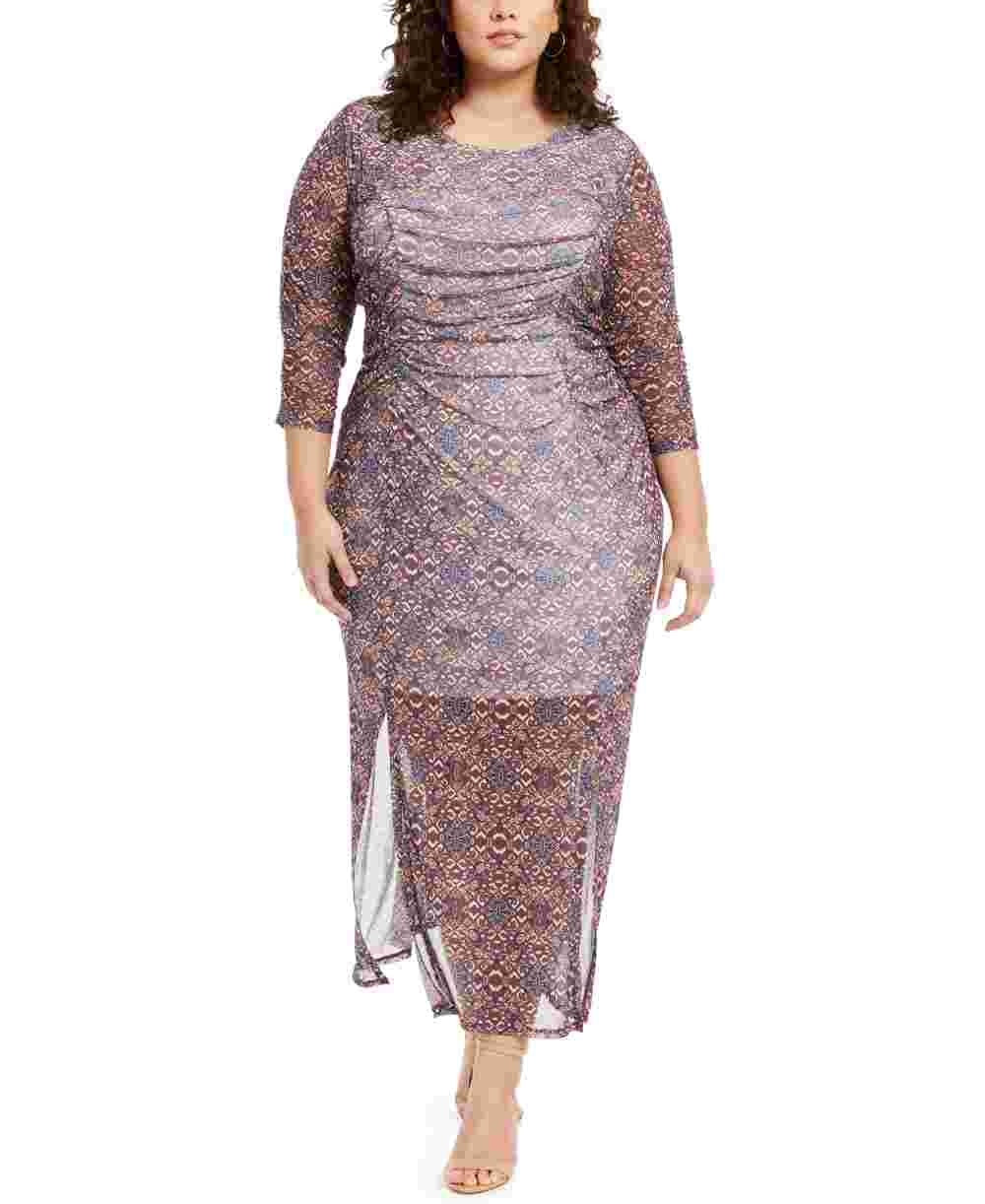 Vestido longo feminino plus size com estampa e fenda dupla, roxo, tamanho 1X, da NY Collection