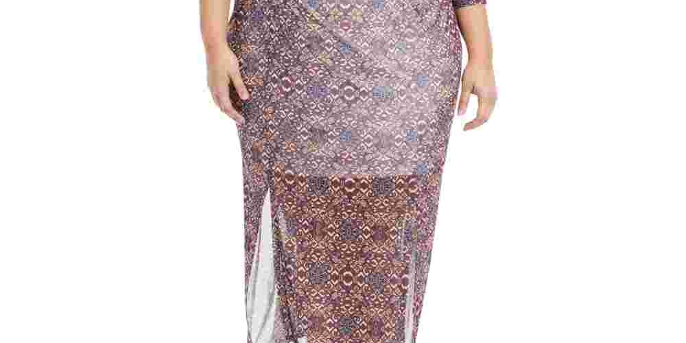 Vestido longo feminino plus size com estampa e fenda dupla, roxo, tamanho 1X, da NY Collection