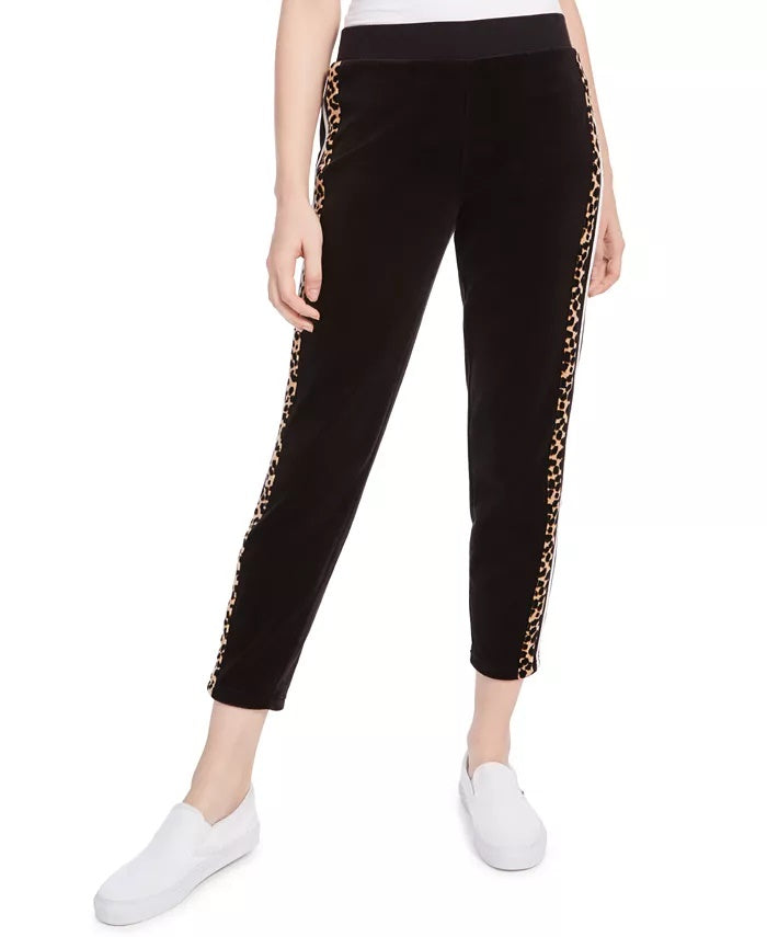 Calça de moletom feminina Juicy Couture com listras laterais em veludo, preta, tamanho pequeno