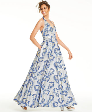 Vestido de festa infantil sem mangas com brocado floral metálico, azul médio, tamanho 7