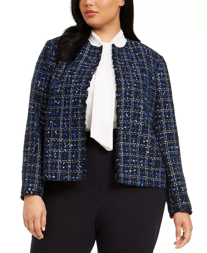Terno feminino Calvin Klein xadrez azul desfiado para usar no trabalho, jaqueta azul, tamanho 18W