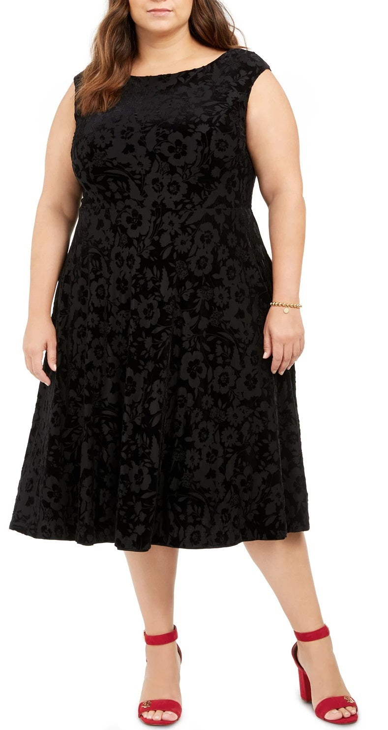 Vestido de veludo plus size feminino Tommy Hilfiger com manga curta, preto, tamanho 22W