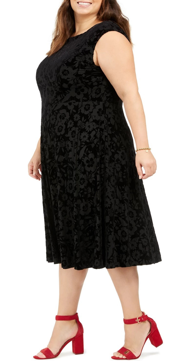 Vestido de veludo plus size feminino Tommy Hilfiger com manga curta, preto, tamanho 22W