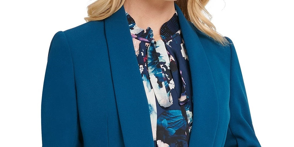 Blazer feminino DKNY com manga franzida aberta, azul, tamanho 4, pequeno