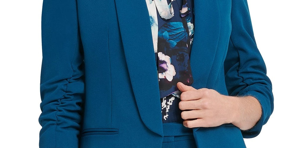 Blazer feminino DKNY com manga franzida aberta, azul, tamanho 4, pequeno