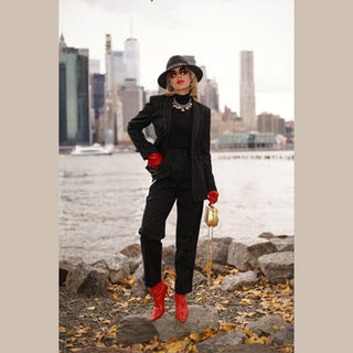 Calças de terno pretas com riscas – Calças de escritório sob medida para mulheres