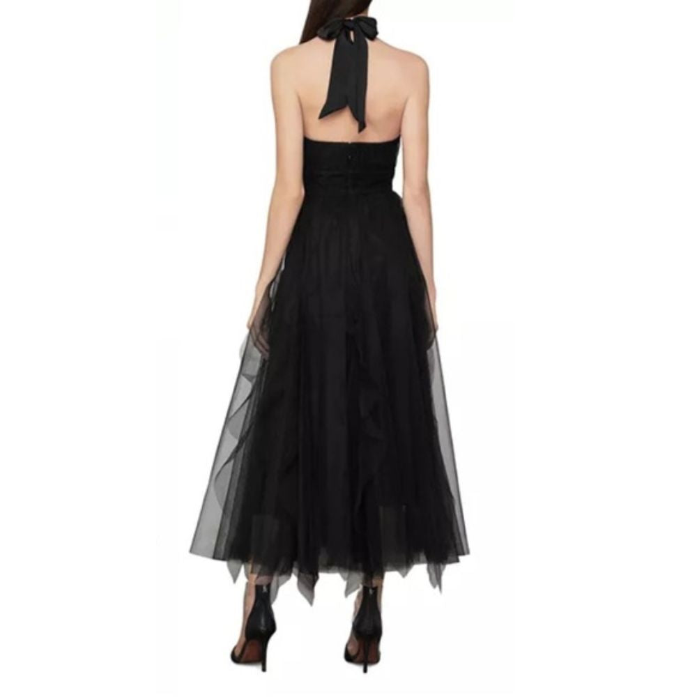 BCBGMAXAZRIA Vestido de noite feminino EVE de tule com alças finas, preto, tamanho 2