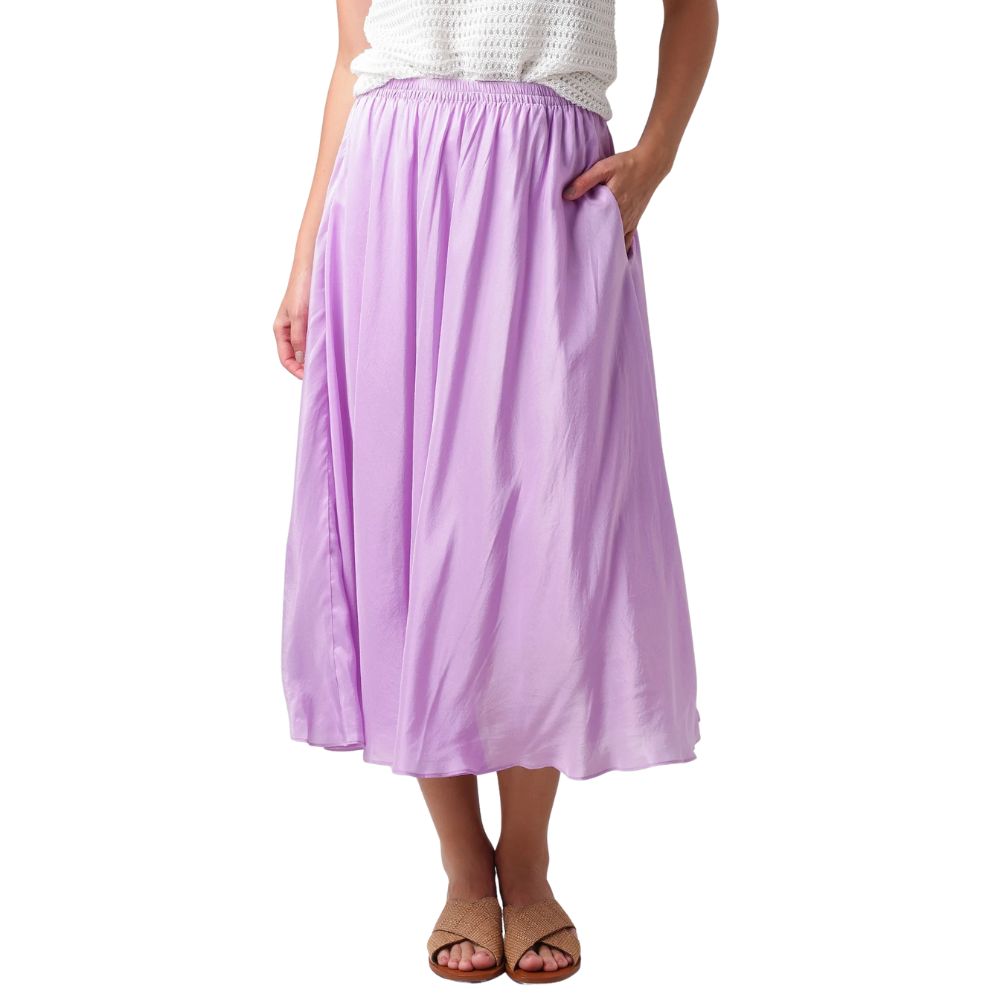 VINCE Gathered Silk Pull-On Midi Skirt Lilac