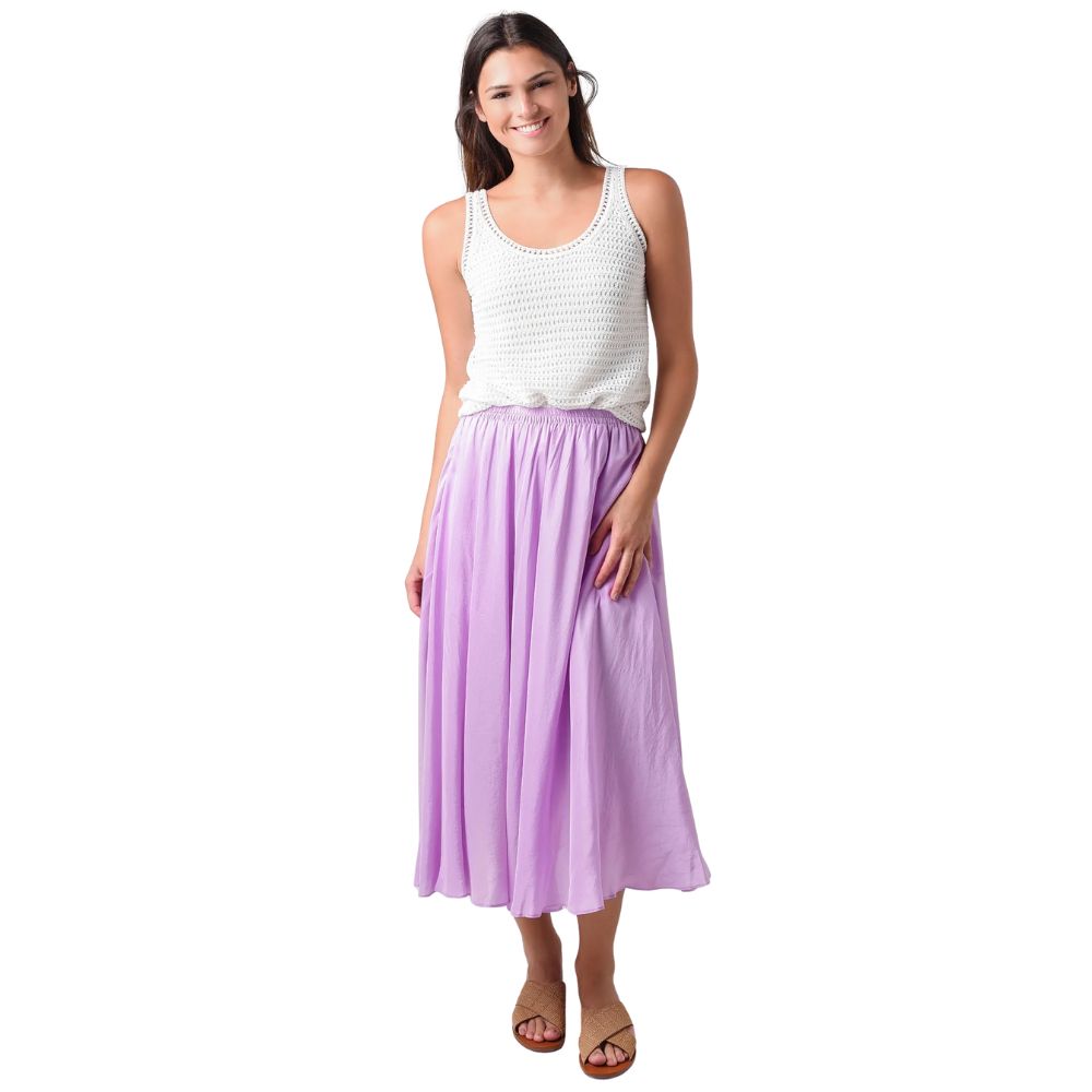 VINCE Gathered Silk Pull-On Midi Skirt Lilac