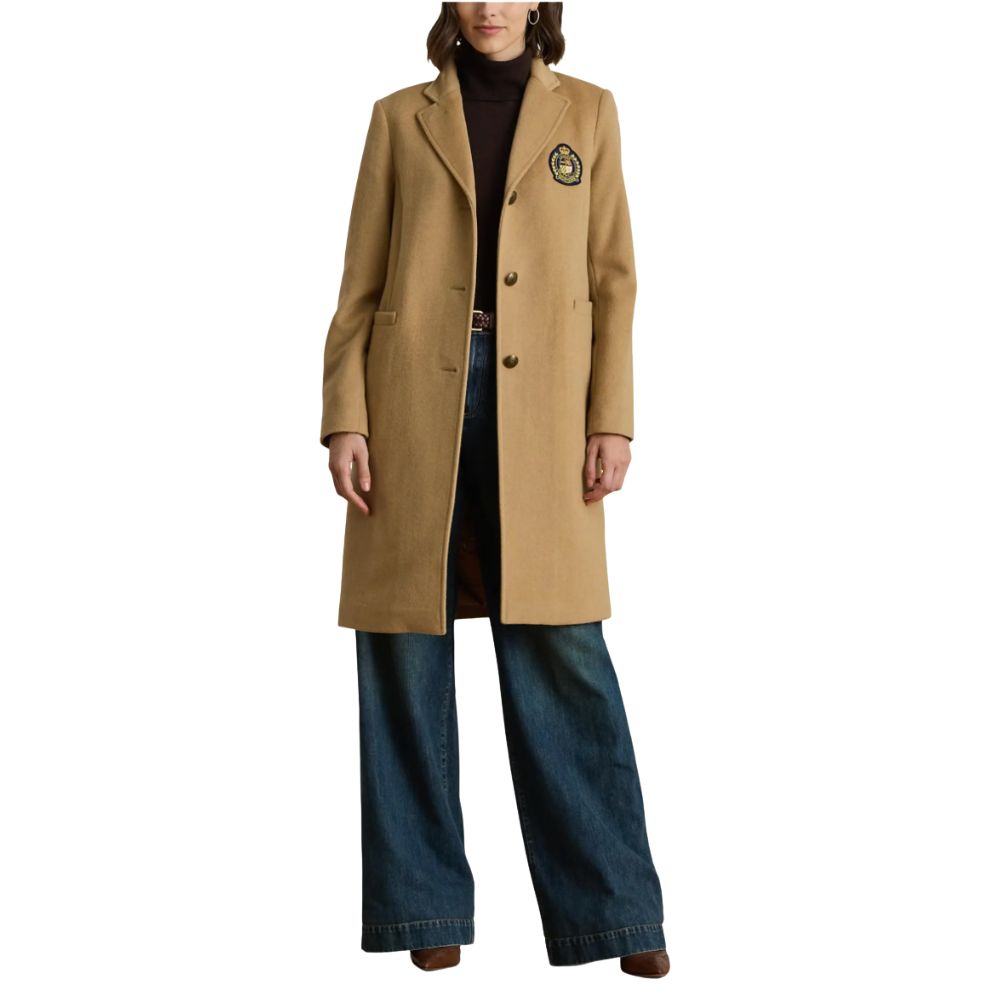 Lauren Ralph Lauren Crest Patch Wool Blend Coat Camel
