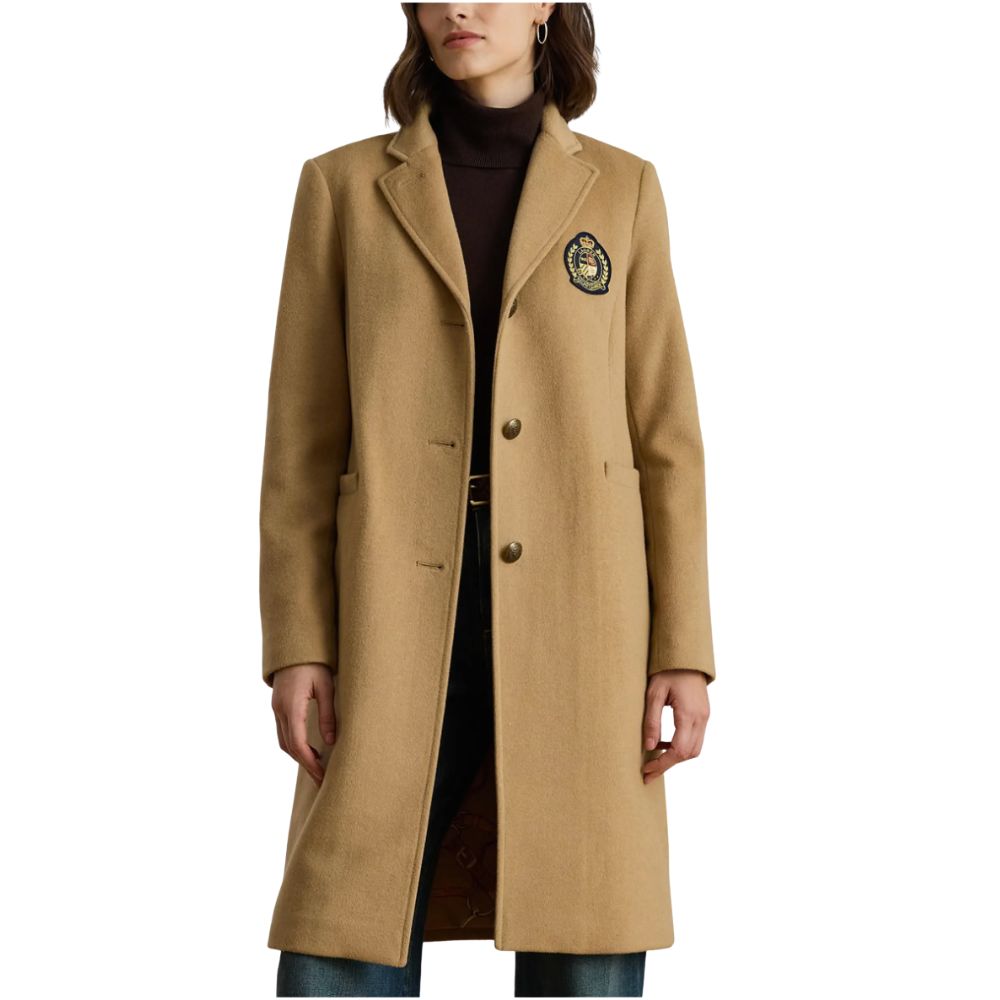 Lauren Ralph Lauren Crest Patch Wool Blend Coat Camel
