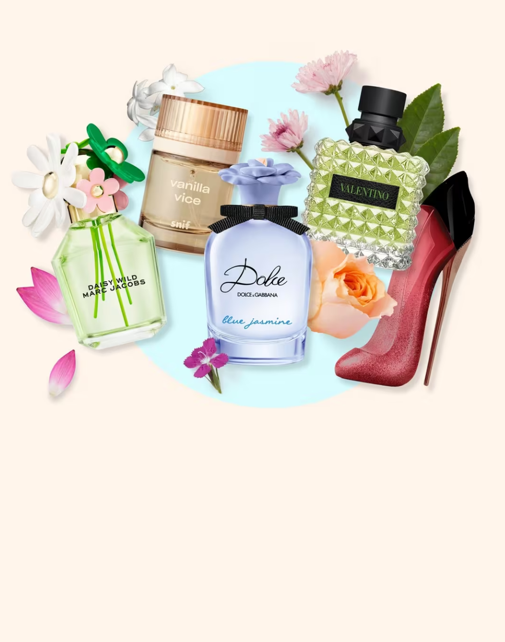 Collection of perfumes and beauty products with flowers on a light blue background