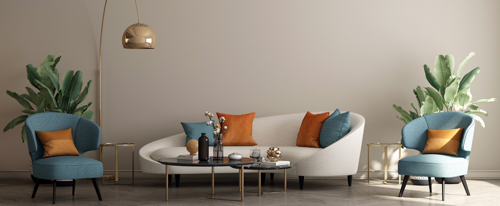 Modern living room with a white sofa, blue chairs, and decorative items.