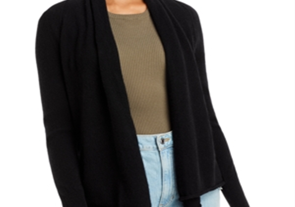 Cardigan de cashmere drapeado com frente aberta, preto, tamanho P