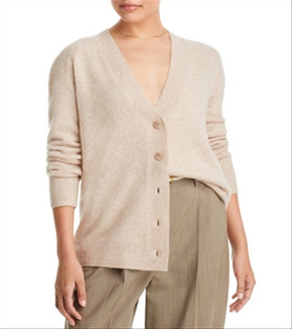 Cardigan de cashmere escovado com decote em V grande da Bloomingdale's, bege, tamanho G