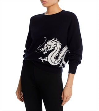 Suéter de cashmere com gola redonda e estampa de dragão Aqua Cashmere, preto, tamanho P