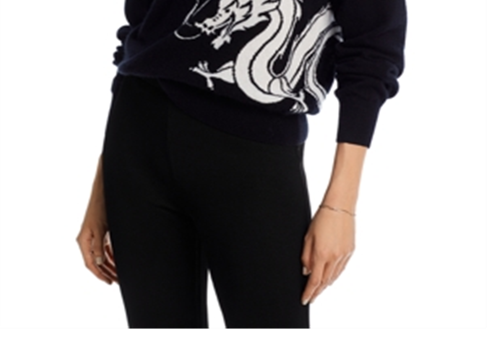 Suéter de cashmere com gola redonda e estampa de dragão Aqua Cashmere, preto, tamanho P