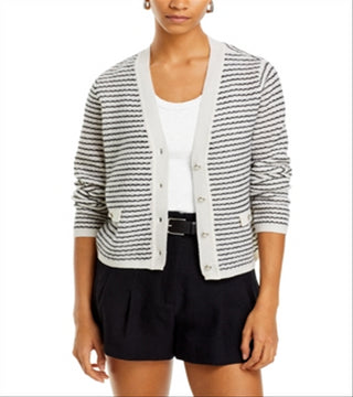 Cardigan de tweed listrado de cashmere com decote em V e ponto cruz C by Bloomingdale's, branco, tamanho GG