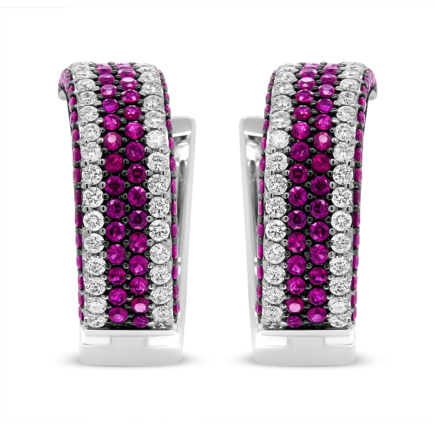 18K White Gold 1 7/8 Cttw Diamond and 1mm Round Red Ruby Open Swish Hoop Earrings (F-G Color, VS1-VS2 Clarity)