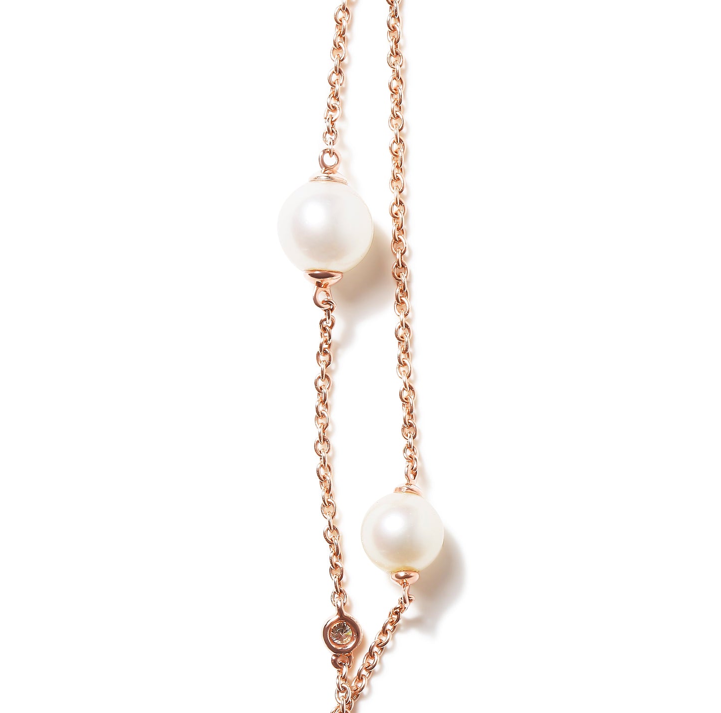 18K Rose Gold 1/2 Cttw Diamond and Freshwater Pearl Double Strand Station Necklace  (G-H Color, SI1-SI2 Clarity) - Adjustable up to 16" to 20"