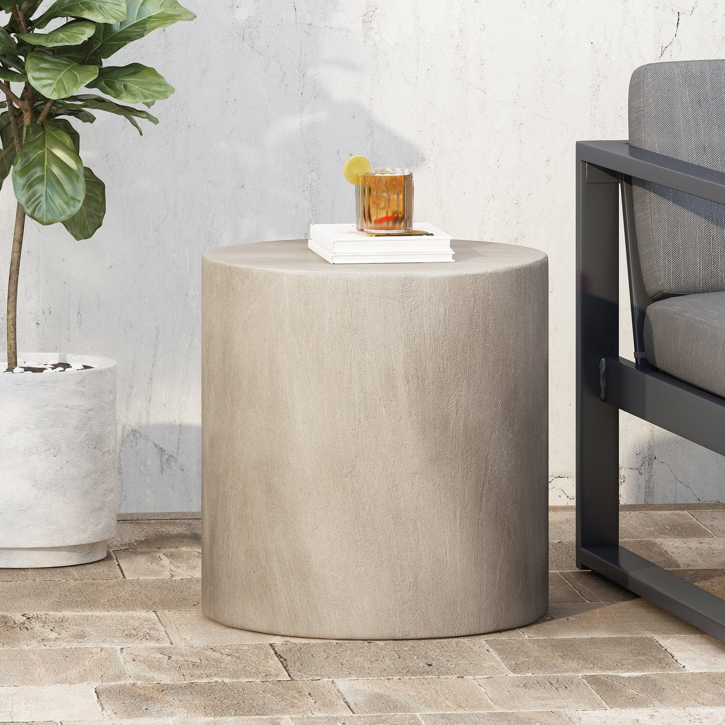 Outdoor Lightweight Concrete Side Table, Light Gray