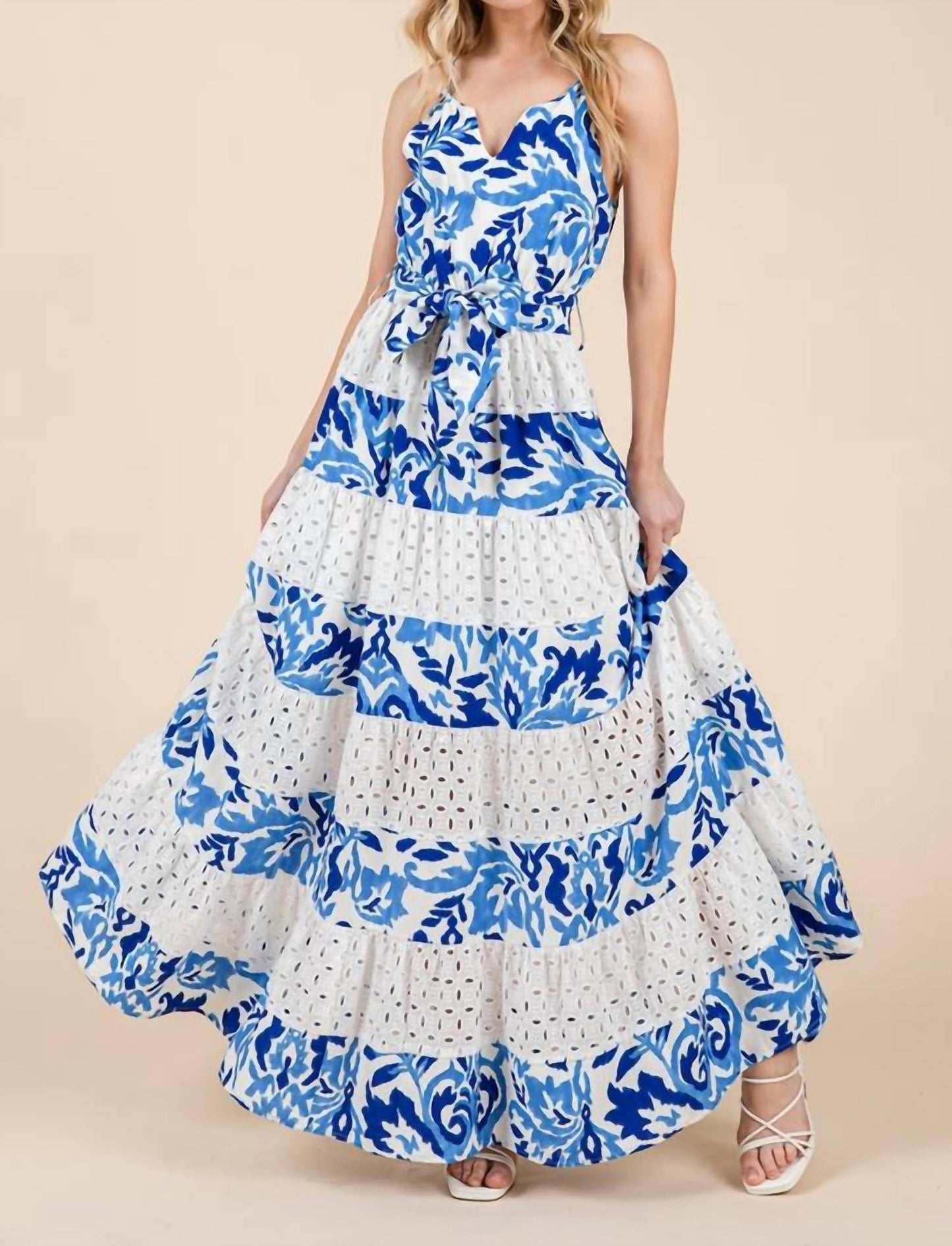 Geegee X Lovelo - Floral Eyelet Lace Tiered Maxi Sundress