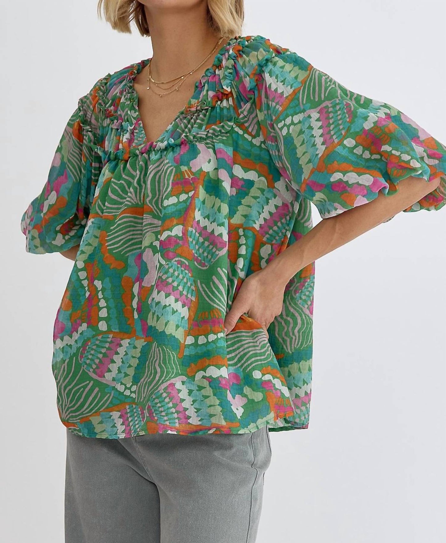 Entro - Muticolor Print Half Sleeve Blouse Top
