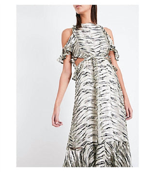 Topshop - Vestido midi com babados e recorte nas costas, estampa animal