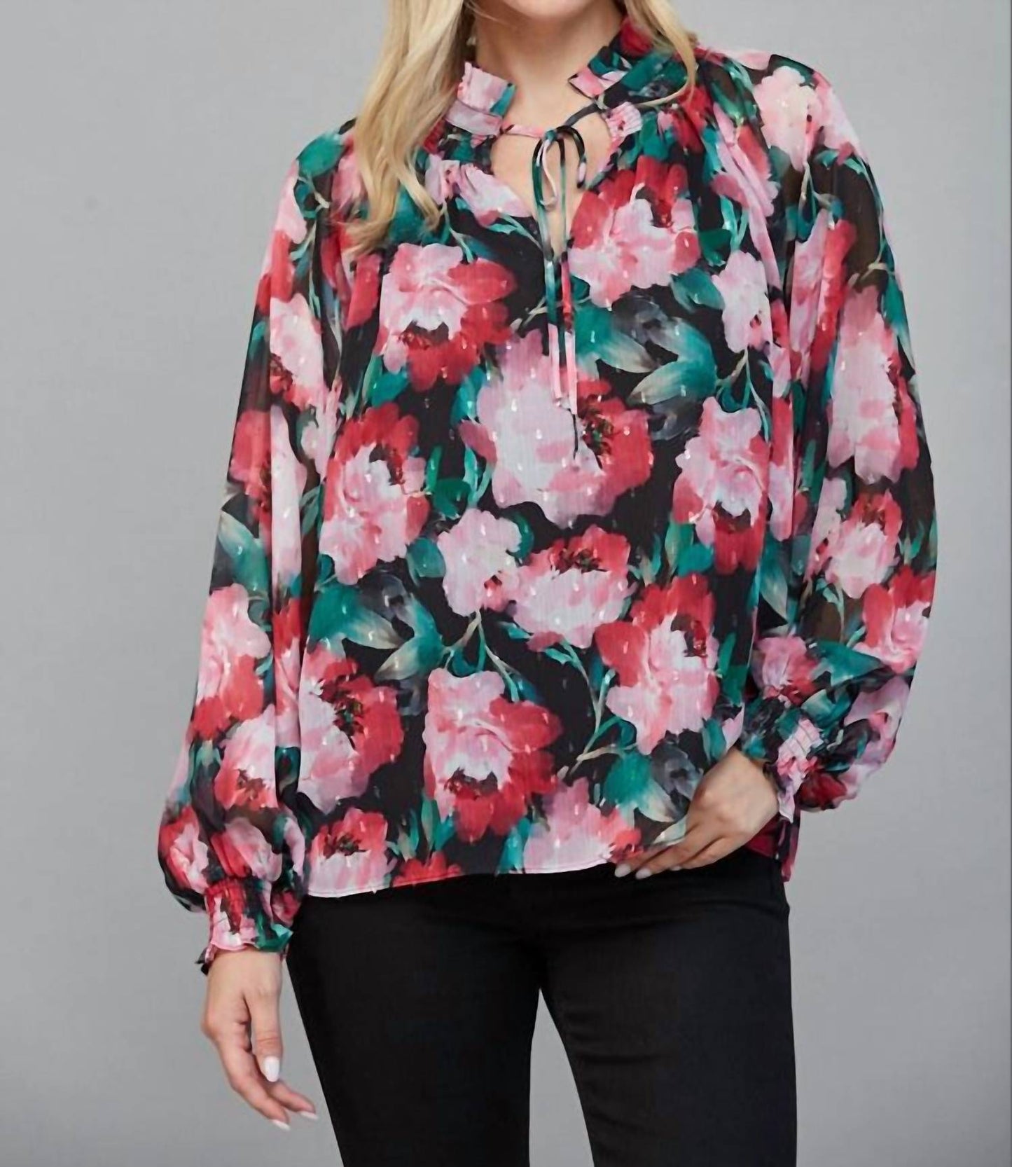 61 Jane - Women's Floral Keyhole Tie Neck Blouse