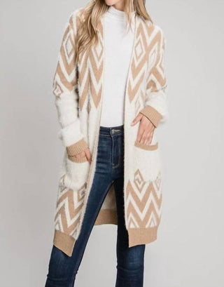Allie Rose - Cozy Eyelash Chevron Open Cardigan With Pockets