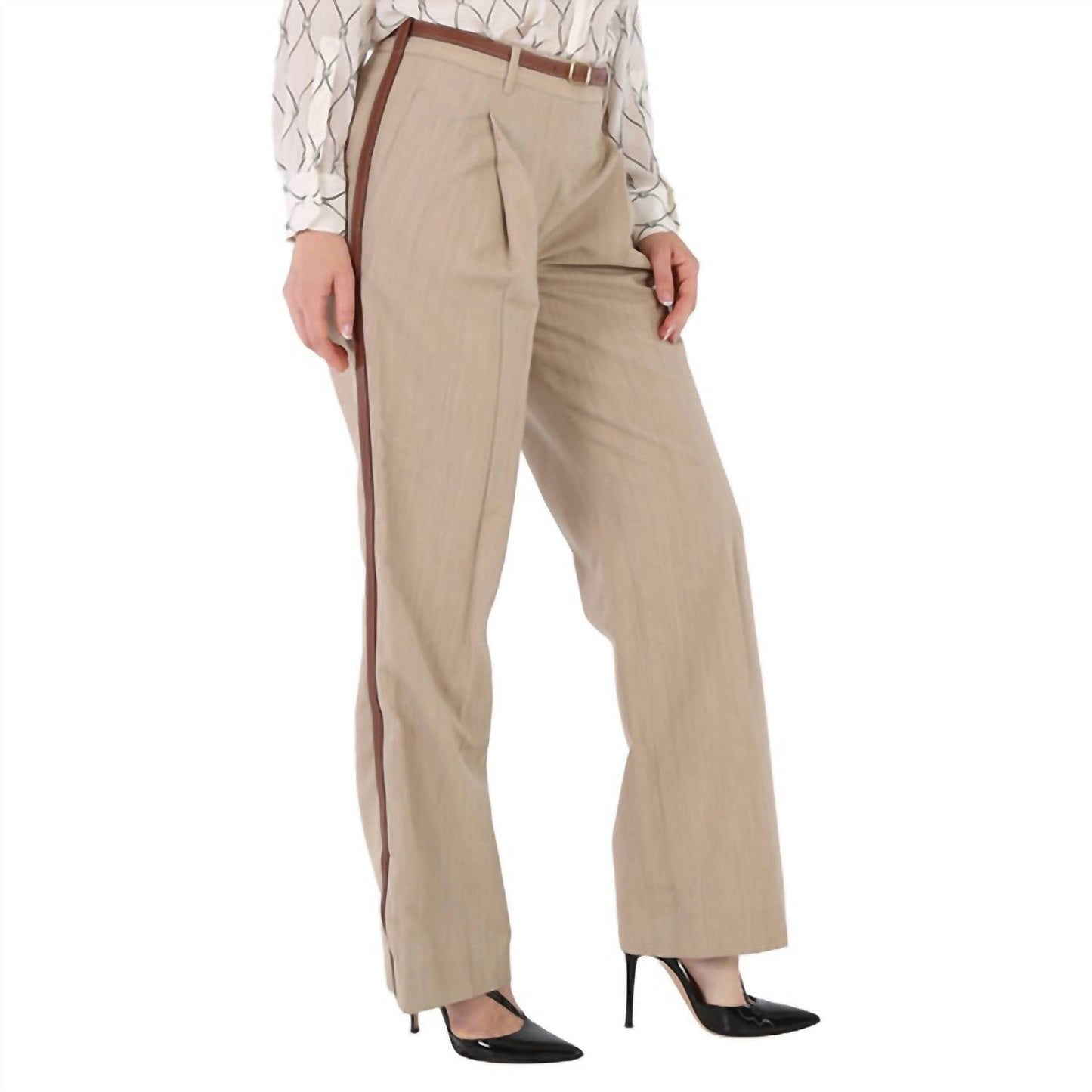 Burberry - Women's Wool Leather Striped Trousers