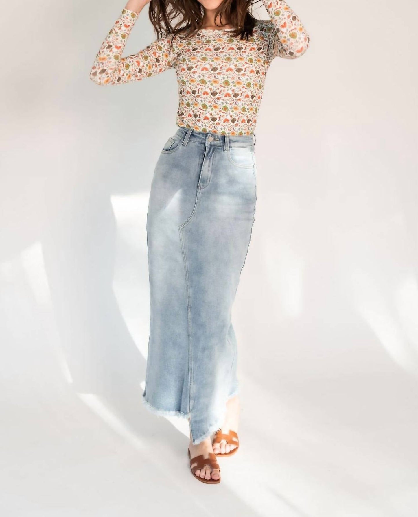 Recollection Brand - Frayed Hem Asymmetrical Stretch Denim Maxi Skirt