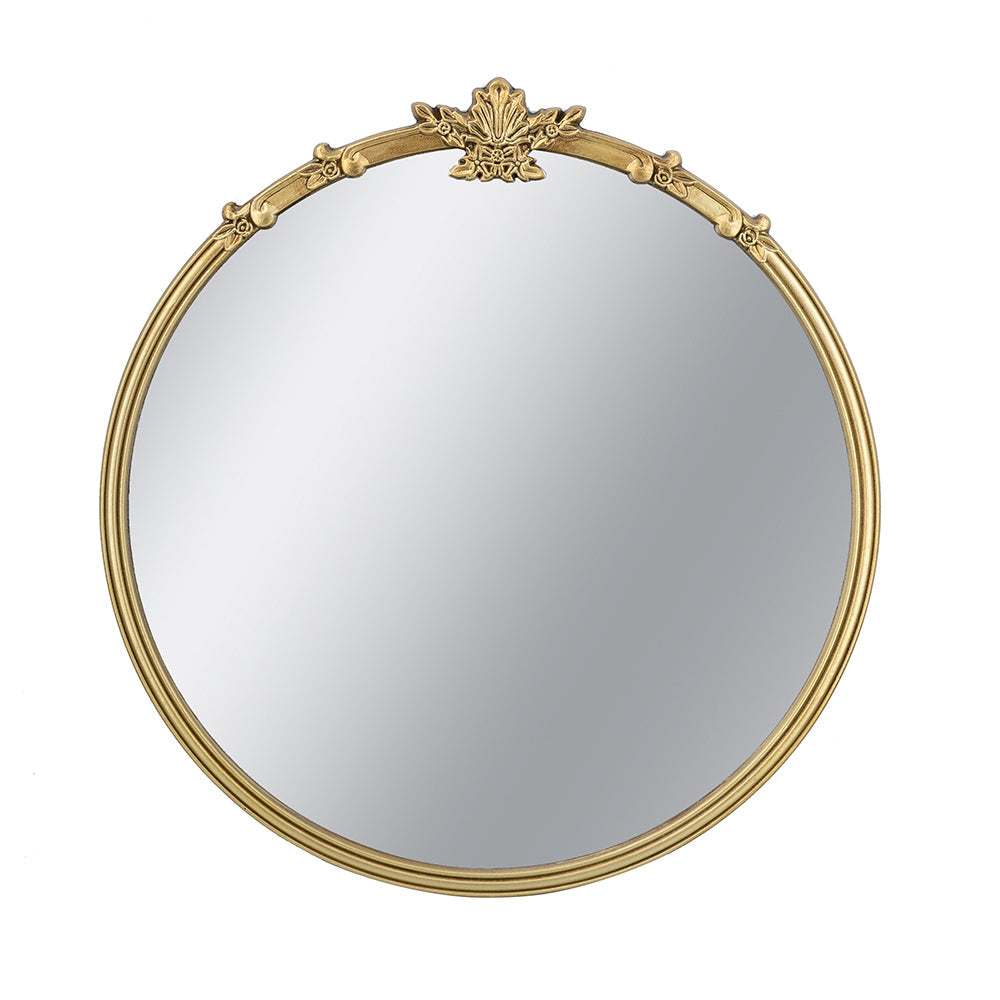 30x31" Round Wall Mirror with Gold Finish and Decorative Leaf Crest