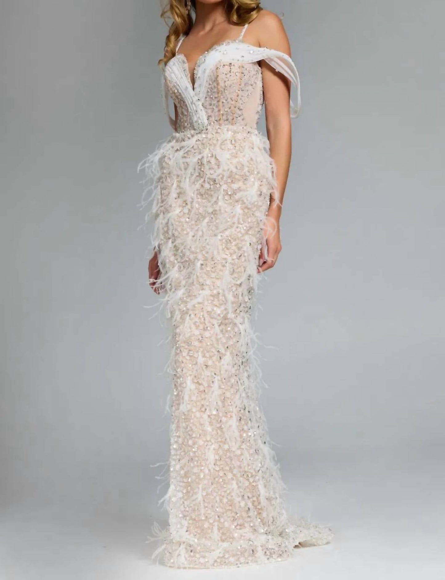Jovani - Feathered Plunge Gown With Dazzling Embellishments