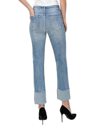 Risen - Calça Jeans Slim Crop de Cintura Alta e Punhos Retos