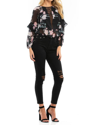 Blue Life - Blusa Tomie de manga comprida com babados