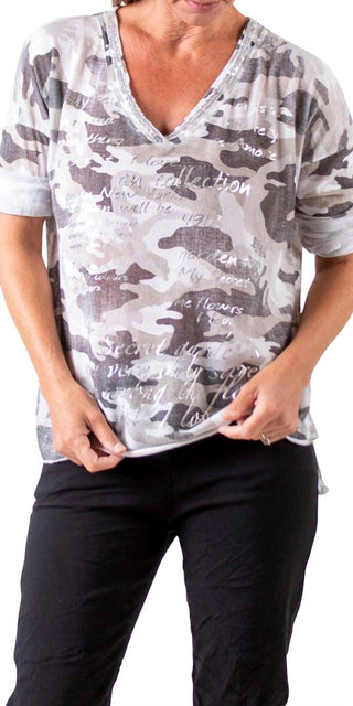 Gigi Moda - Alana Camo Sweater with Writing