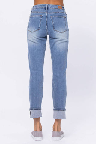 Judy Blue - Calça jeans vintage estilo boyfriend com cintura alta e bainha dobrada