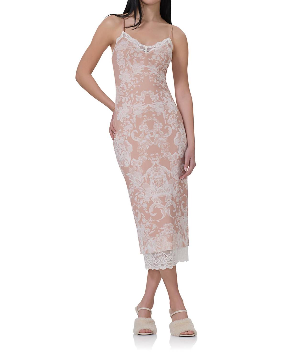 Afrm - Nissa Nude Mesh Baroque Wallpaper Print Mesh Slip Dress