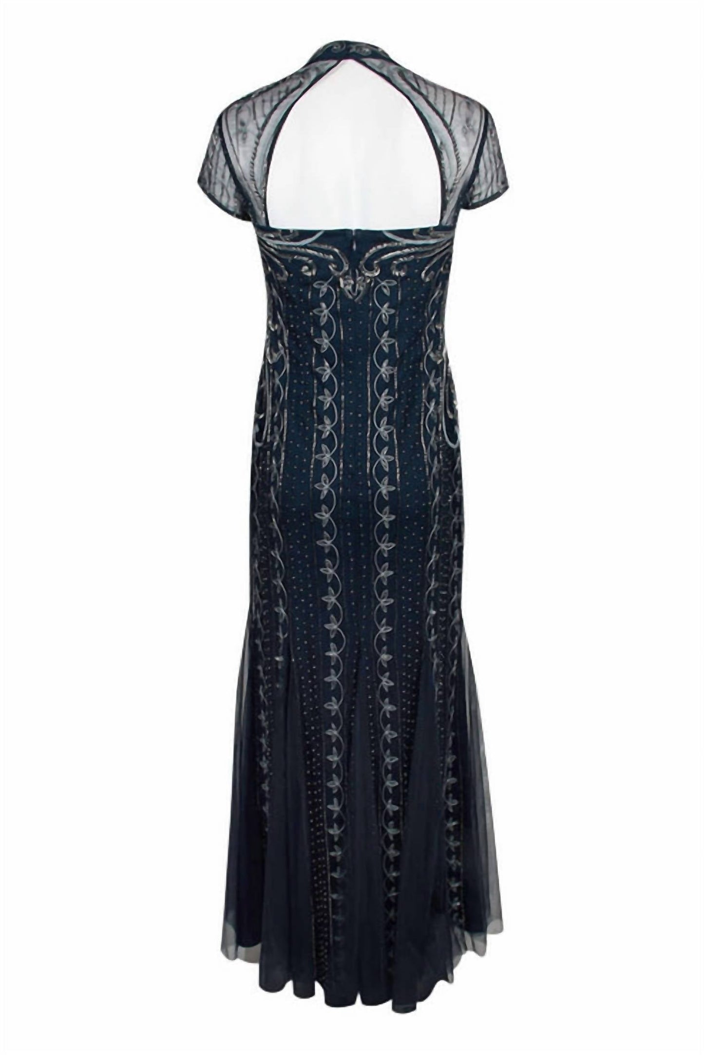 Adrianna Papell - V-neck Godet Cutout Back Embellished Mesh Gown