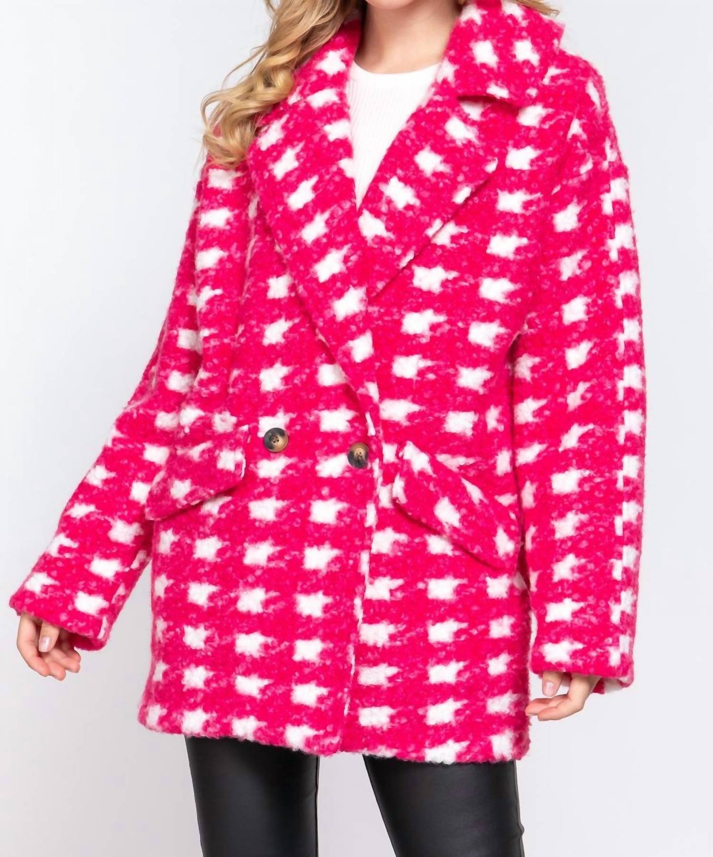 Active Usa - Double Breasted Check Print Boucle Fleece Coat